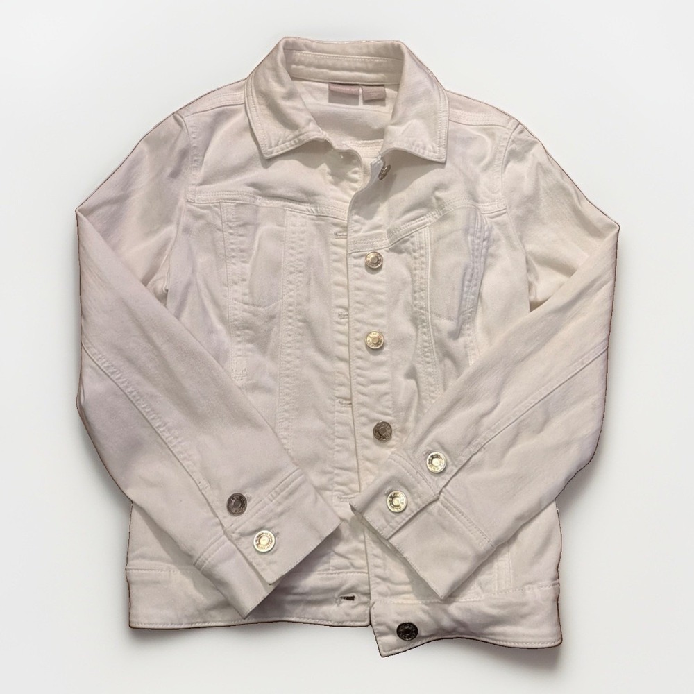 Chico's White Stretchy Collared Jacket Silver Buttons Size 00 Statement